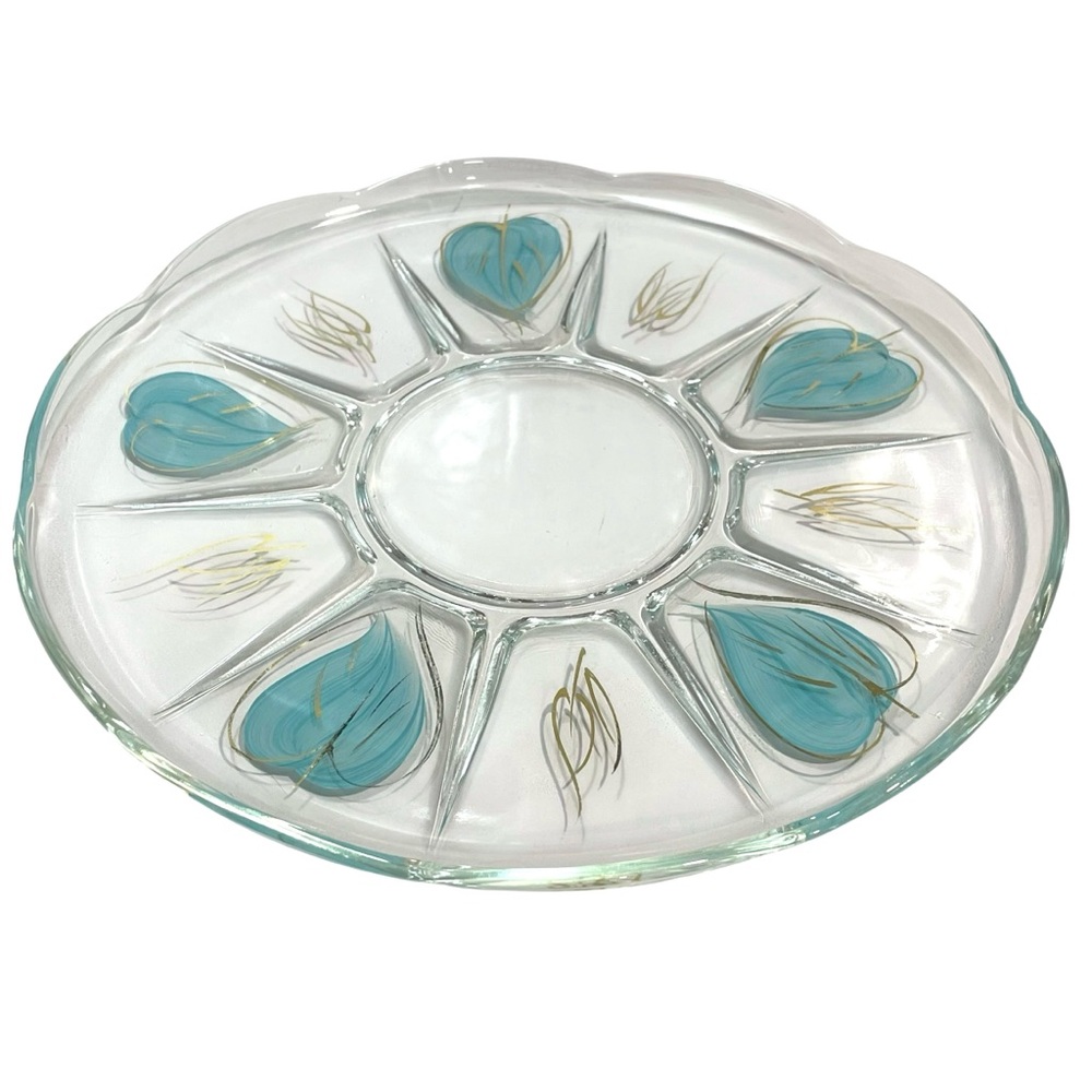 Vintage 1950s Anchor Hocking Glass Tray Chip & Dip Set Swedish Modern Gold Trim